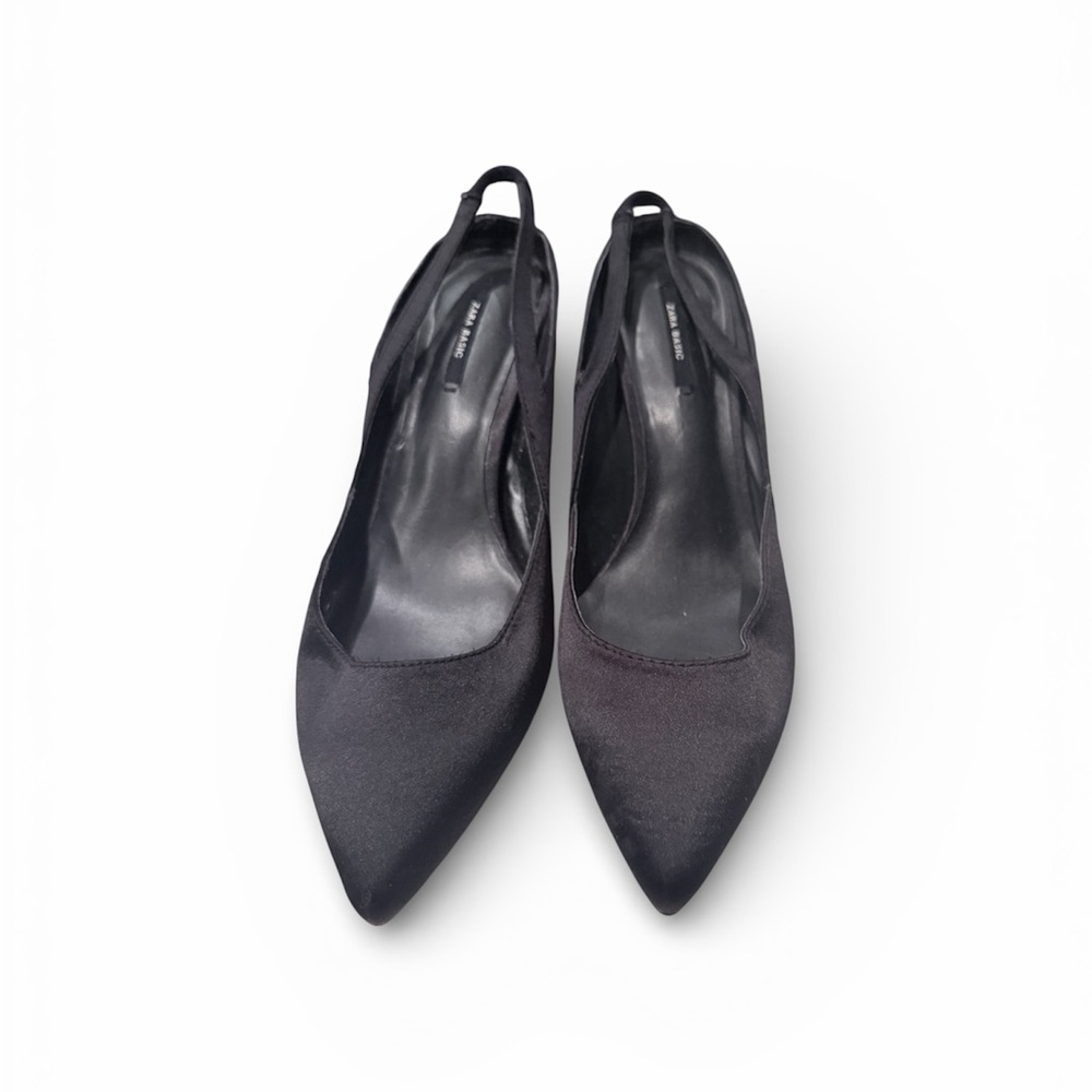 Zara Black Satin Slingback Heels